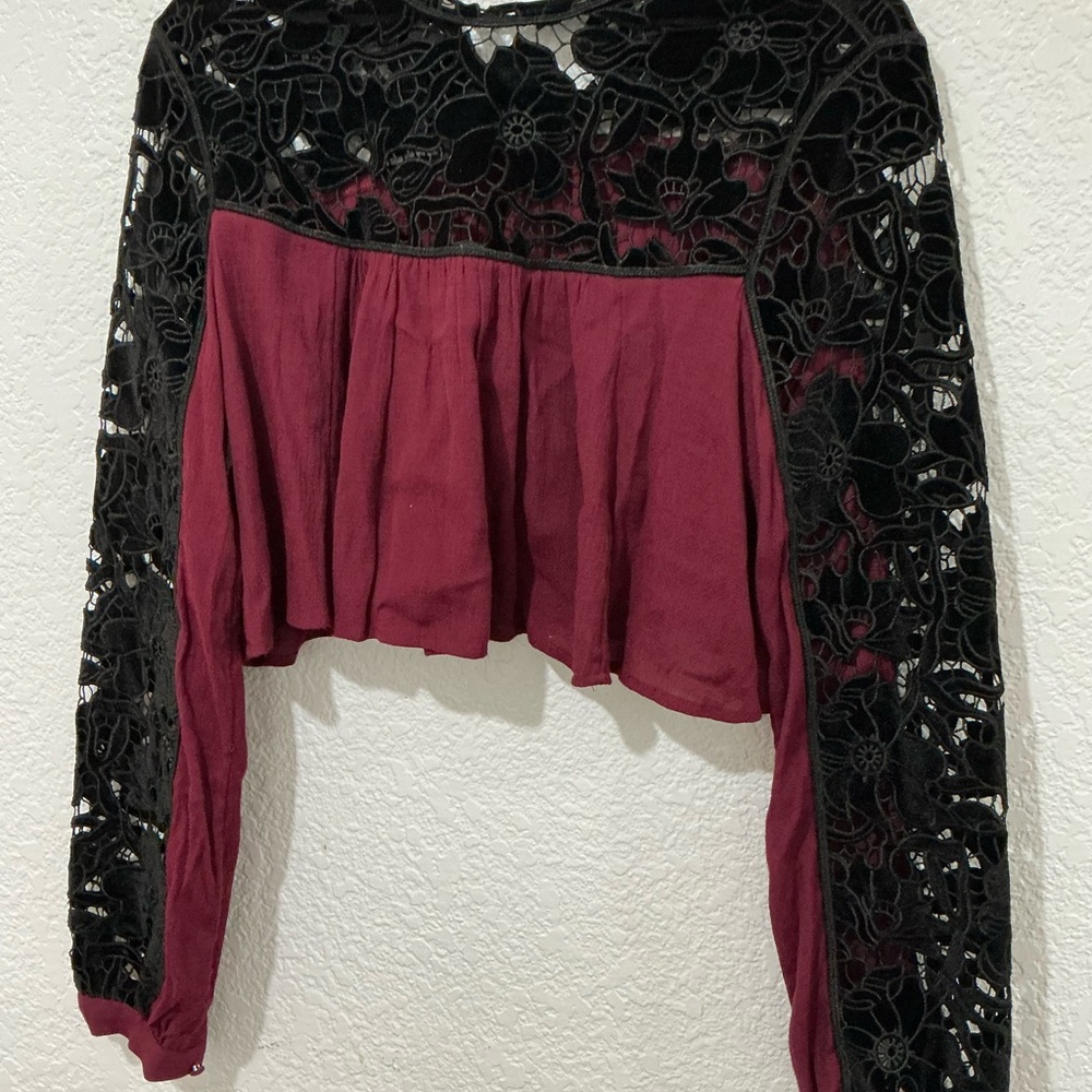Free People Red and Black Embellished Crop Blouse